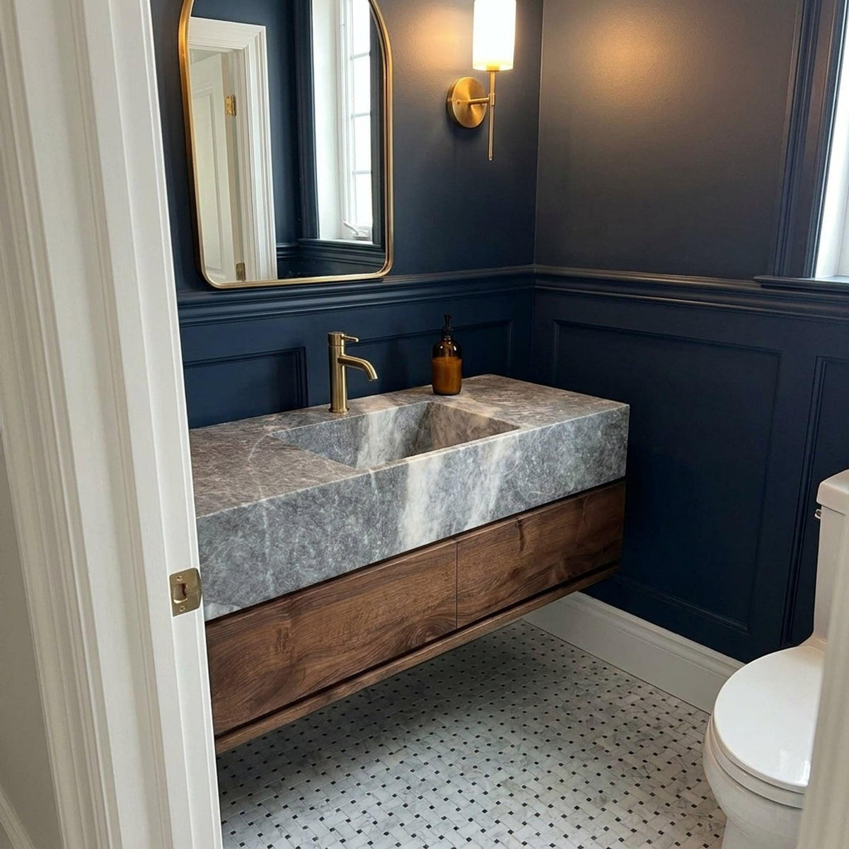 Hand Carved Grey Marble Vanity Basin with Wood Vanity, Small Batch Made to Order