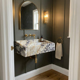 Fluted Calacatta Viola Floating Marble Basin with Backsplash and Hand Carved Detail, Small Batch Made to Order