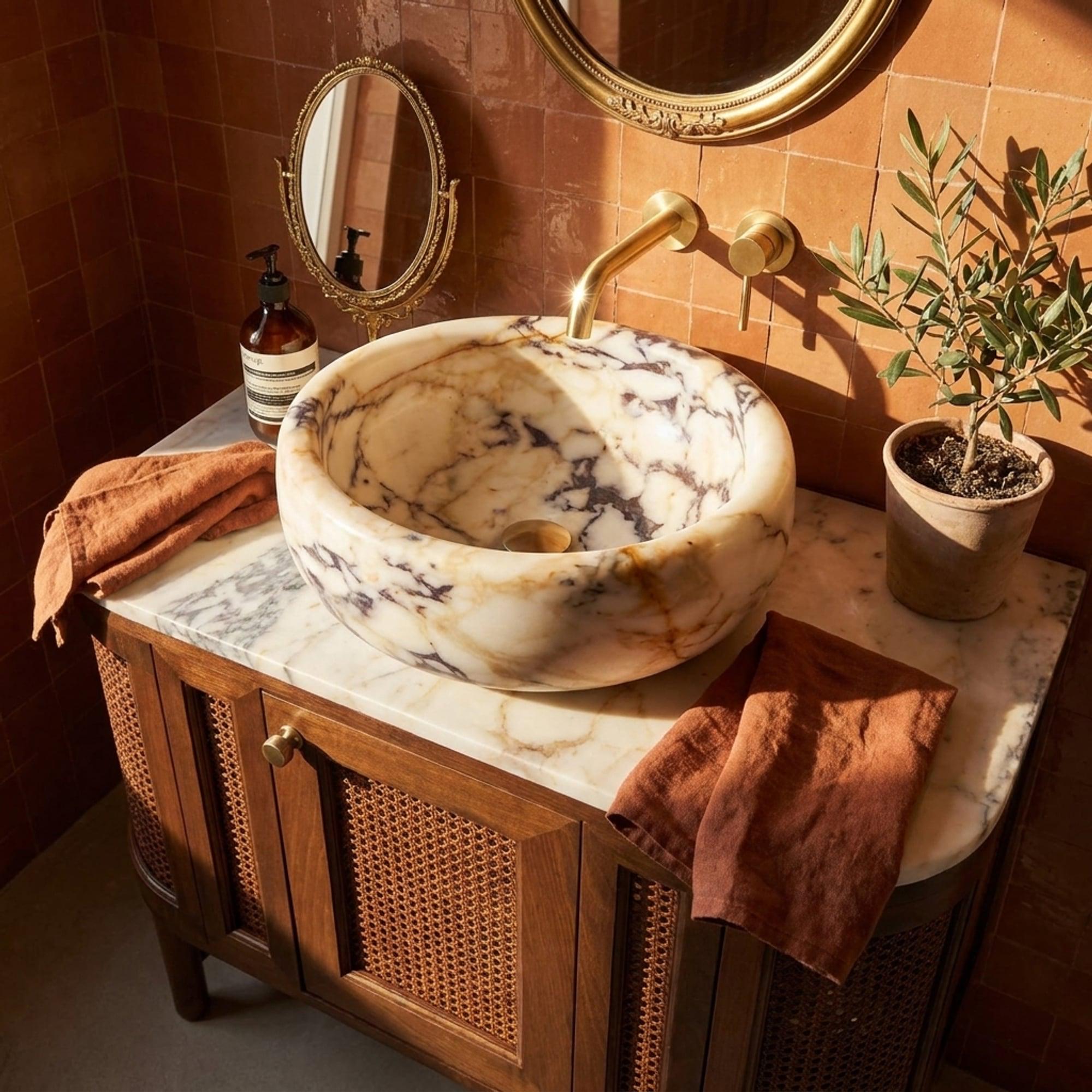 Viola Sink | Hand Carved Calacatta Viola Marble Vanity Basin with Wood Vanity, Small Batch Made to Order