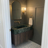 Fluted Green Marble Vanity Basin with Wood Vanity and Hand Carved Detail, Small Batch Made to Order