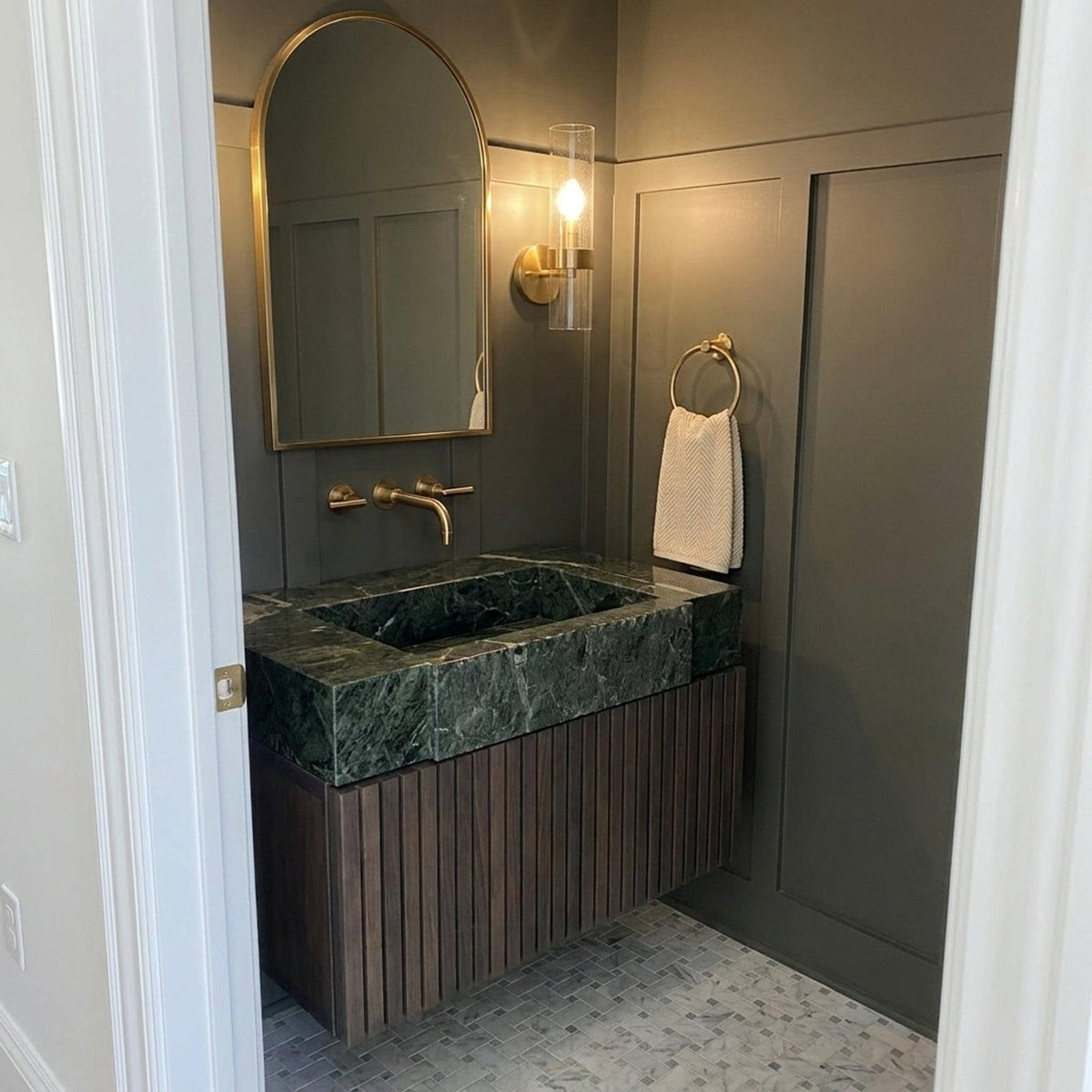 Fluted Green Marble Vanity Basin with Wood Vanity and Hand Carved Detail, Small Batch Made to Order