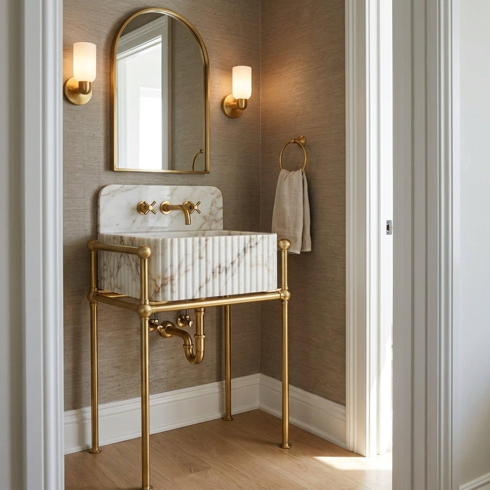 Fluted Calacatta Gold Floating Marble Basin with Backsplash and Optional Metal Stand, Small Batch Made to Order