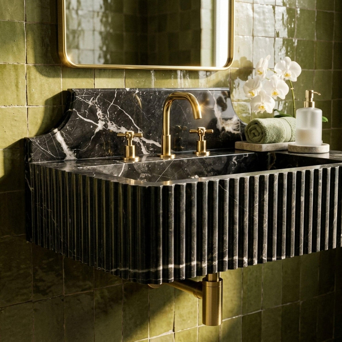 Pietre Notte Fluted Floating Marble Basin with Backsplash and Hand Carved Detail, Short Run Atelier Craft