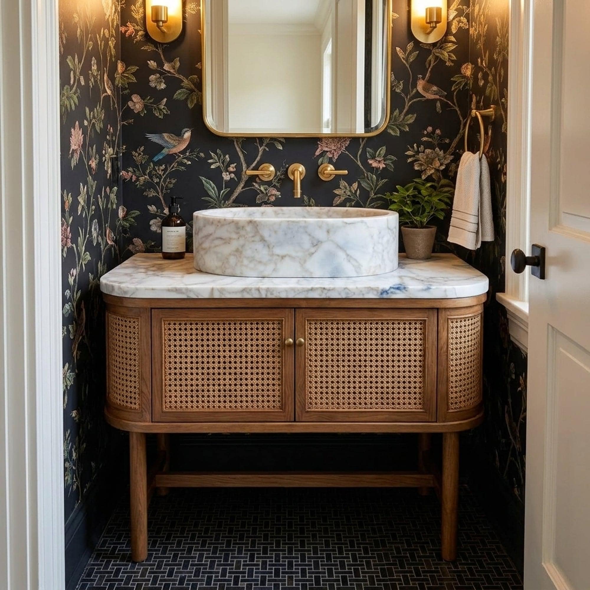 Hand Carved Calacatta Gold Marble Vanity Basin with Wood Vanity, Small Batch Made to Order