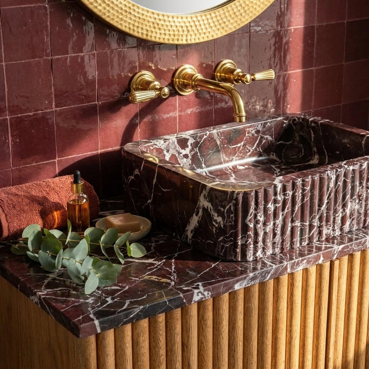 Fluted Rosso Levanto Marble Vanity Basin with Wood Vanity and Hand Carved Detail, Limited Small Batch Craft