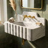 Custom Carrara Floating Marble Basin with Backsplash and Hand Carved Detail, Small Batch Artisan Production