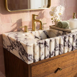 Marble Pedestal Sink | Calacatta Viola Fluted Marble Vanity Basin with Wood Vanity and Hand Carved Detail, Small Batch Artisan Production