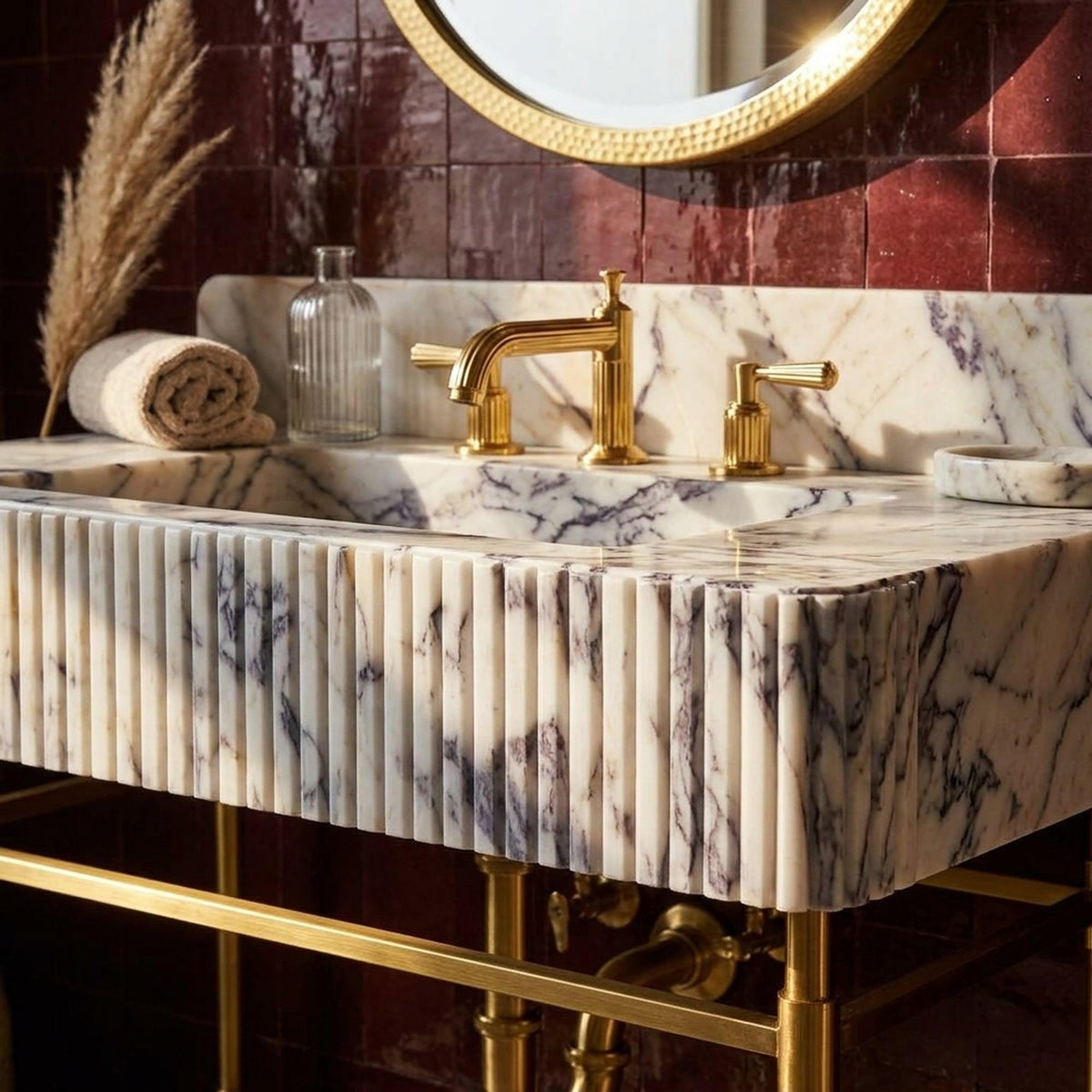 Fluted Calacatta Viola Marble Pedestal Basin with Backsplash and Optional Metal Stand, Limited Small Batch Craft