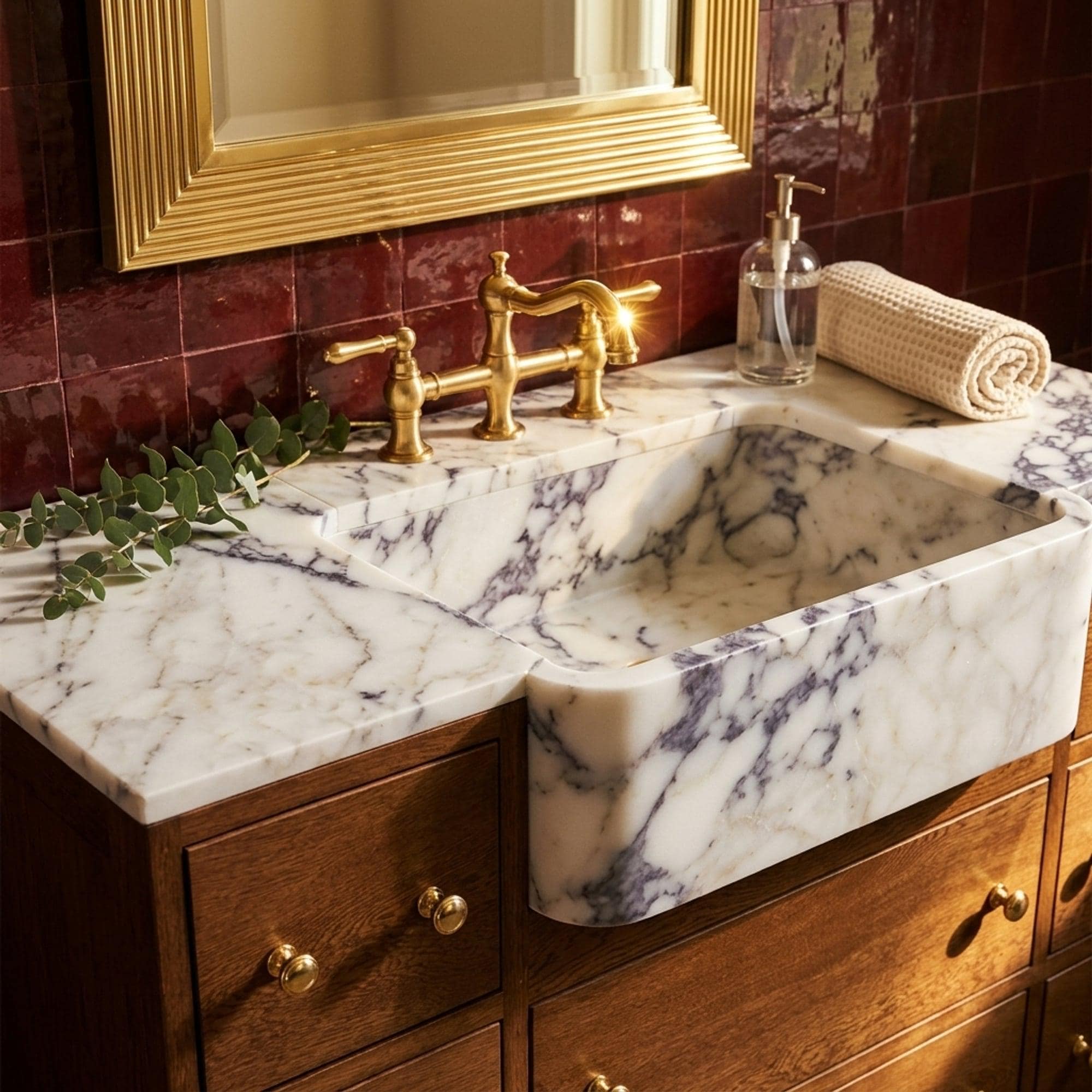 Calacatta Viola Hand Carved Marble Vanity Basin with Wood Vanity for Custom Bathroom, Honed Finish