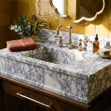 Hand Carved Calacatta Viola Marble Vanity Basin with Backsplash and Wood Vanity, Crafted in Limited Batches