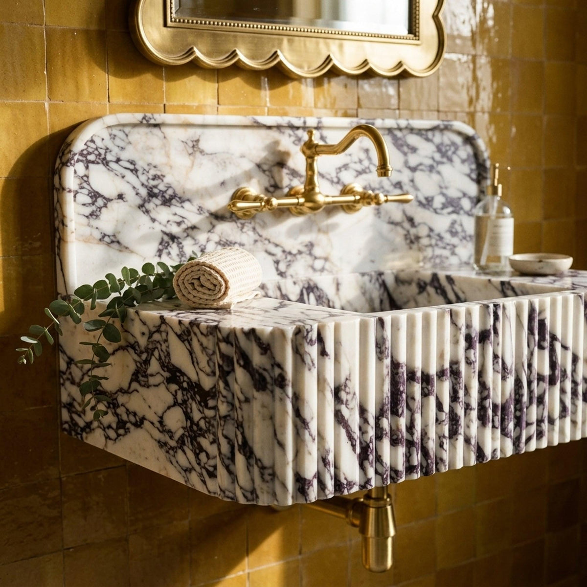 Marble Pedestal Sink | Calacatta Viola Fluted Floating Marble Basin with Backsplash and Hand Carved Detail, Short Run Atelier Craft