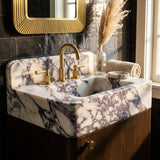Marble Pedestal Sink | Custom Calacatta Viola Marble Vanity Basin with Backsplash and Wood Vanity, Made in Small Batches