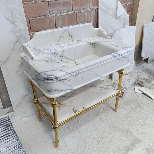 Hand-Carved Fluted Milas Lilac Marble Console Sink with Integrated Backsplash M6M27