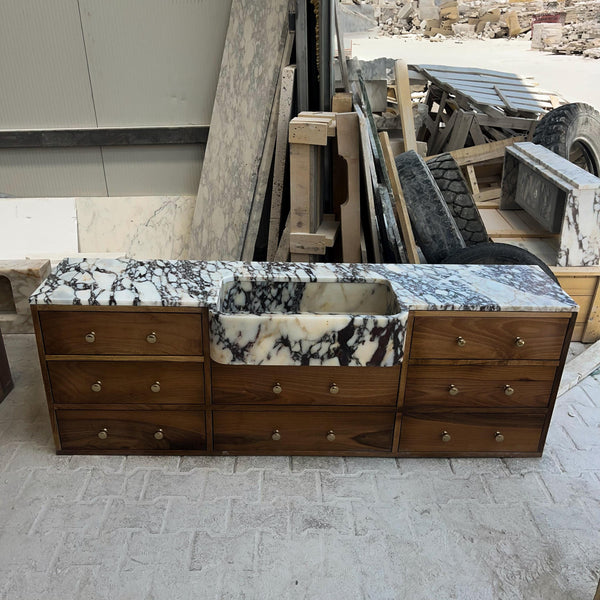 Hand-Carved Fluted Calacatta Viola Marble Console Sink with Brass Stand M6F006