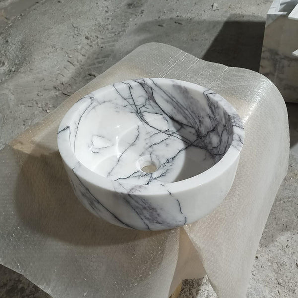 Round Marble Sink Bowl – Carrara Natural Stone Basin for Bathroom Vanity, Powder Room hover