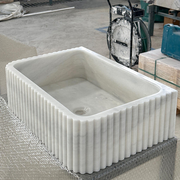 Carrara Marble Sink – Fluted Rectangular Stone Design for Modern Powder Rooms and Classic Bathroom Vanities hover