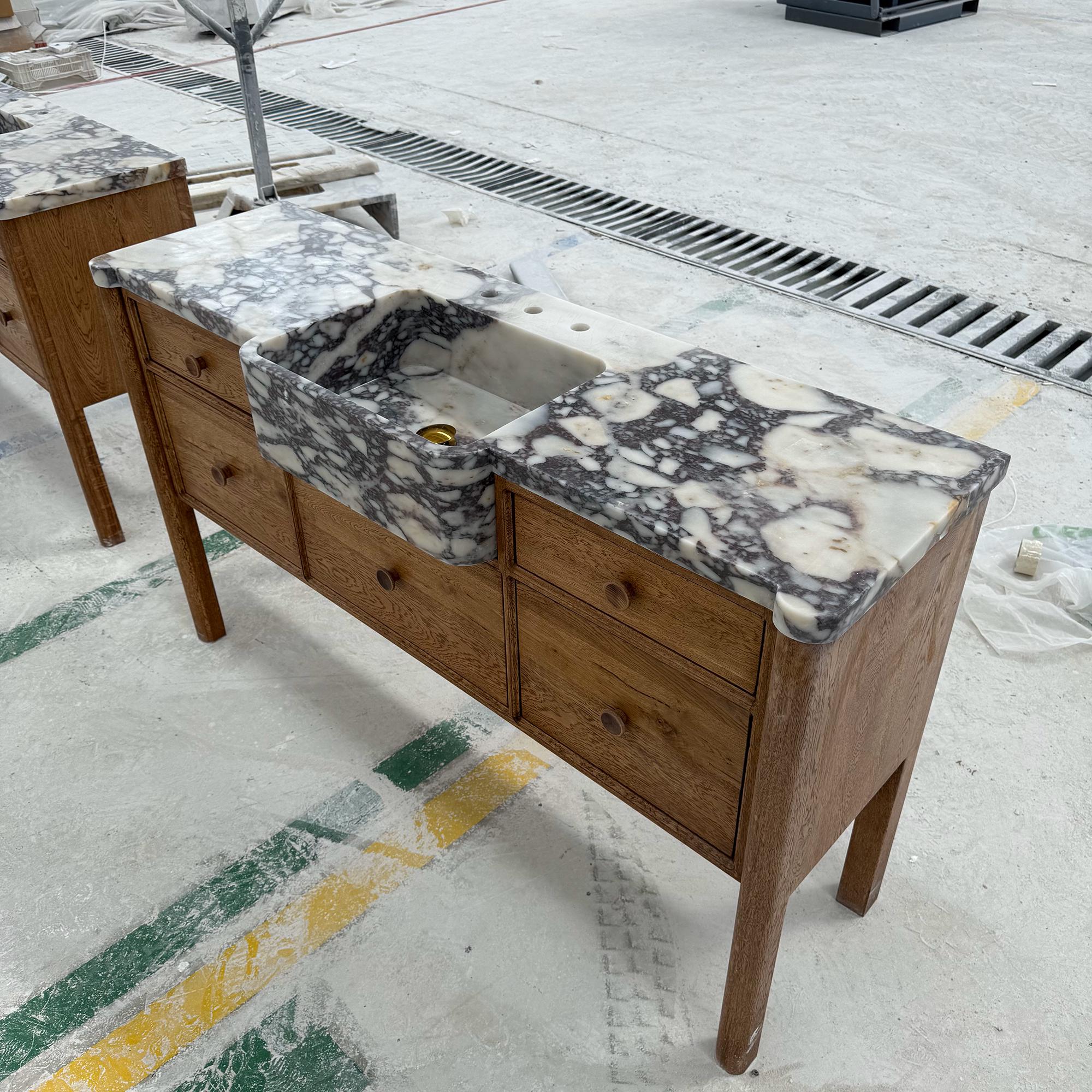 modern farmhouse calacatta viola sink unit