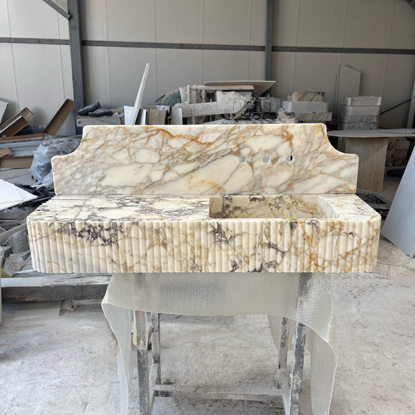 Fluted Calacatta Monet Marble Console Sink with Asymmetric Deck & Scalloped Backsplash M6S016