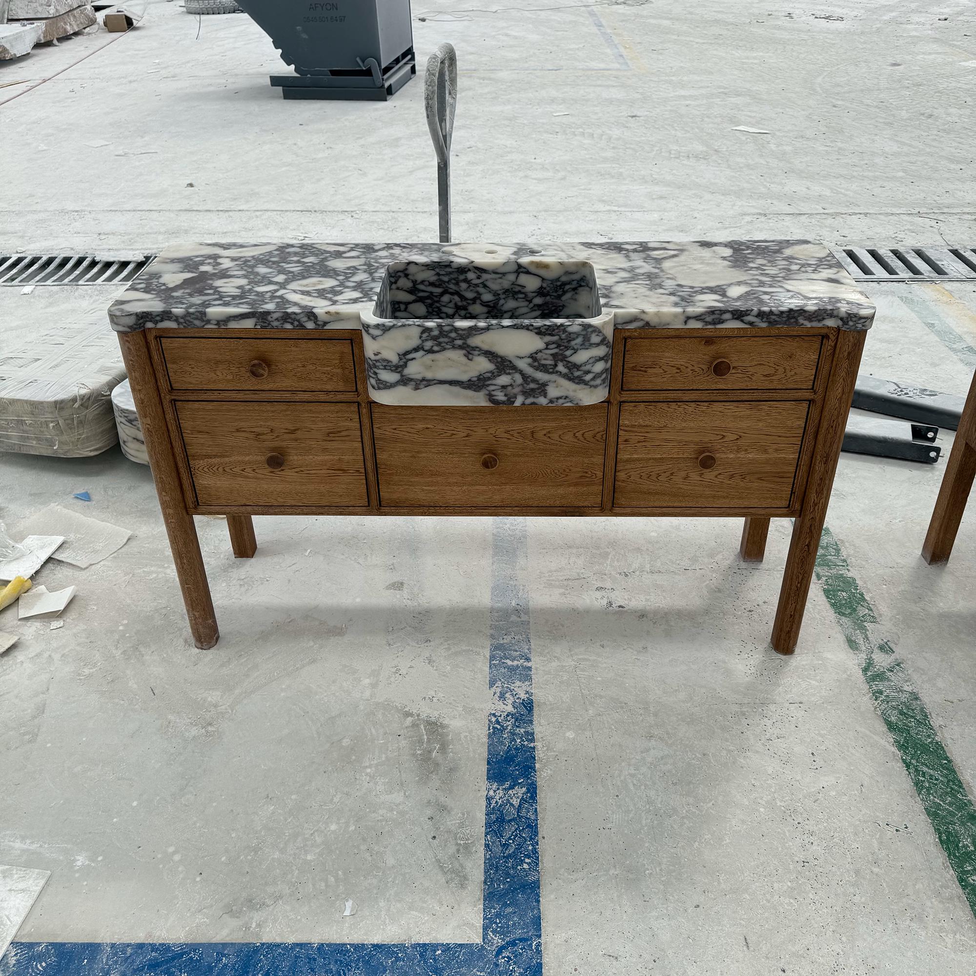 solid wood vanity with calacatta viola sink