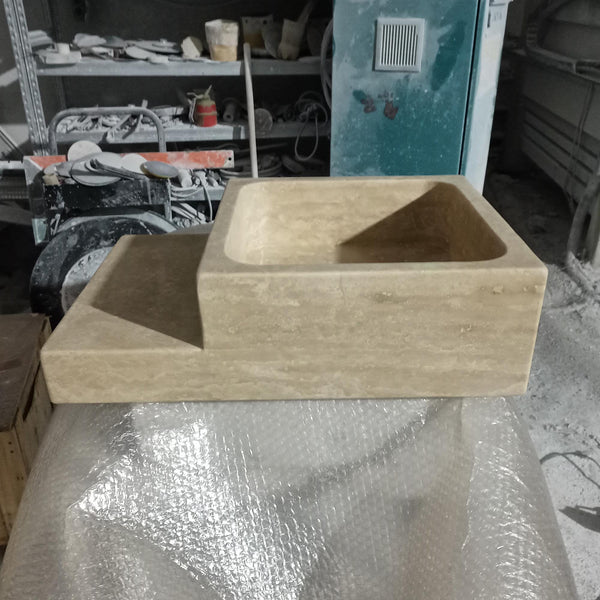 Modern Architectural Travertine Stepped Sink with Integrated Side Deck M6S39